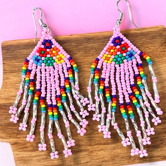 Pink and Silver Beaded Chandelier Earrings Pink Pony Club inspired - Picture 6 of 16